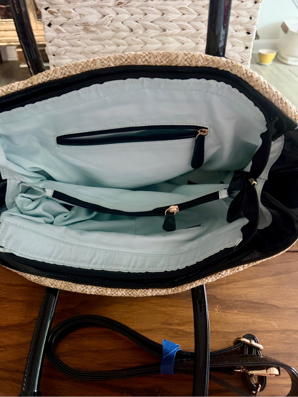 Woven Tote Bag with Black Patent Trim - Picture 2 of 3